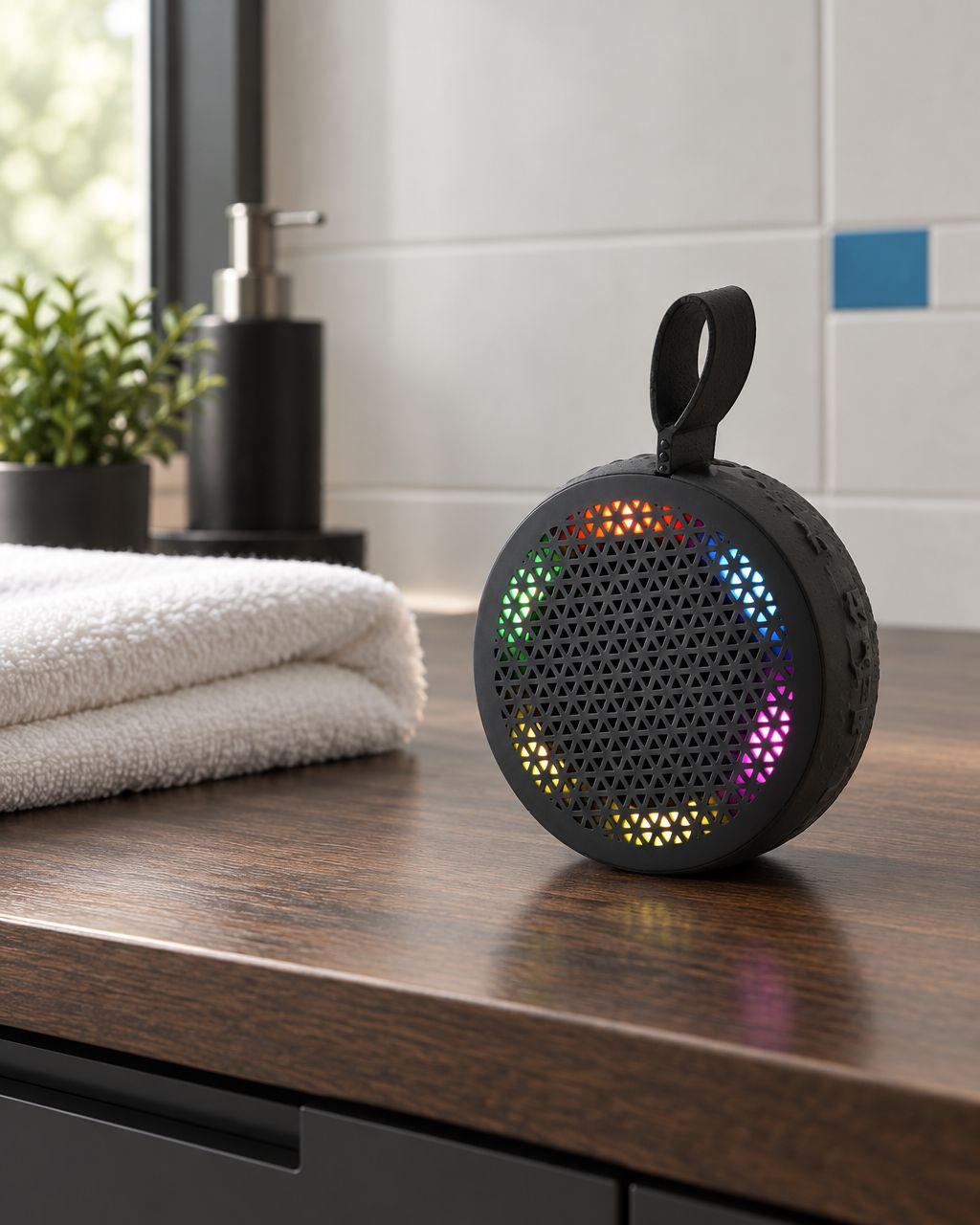 Round black Bluetooth speaker with colored lights on a dry bathroom vanity beside a white towel